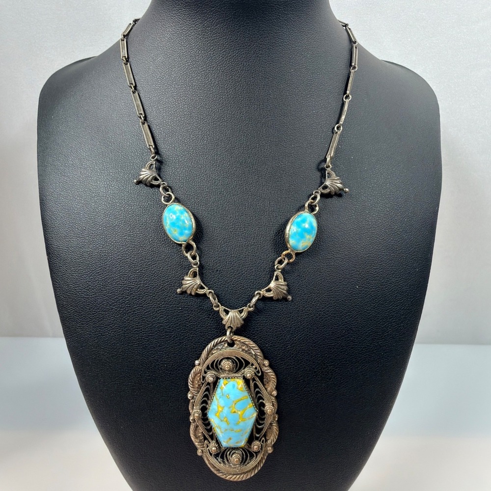 Antique Bohemian Art Glass Necklace Filigree Arts & Crafts Style 15.5" 1920s